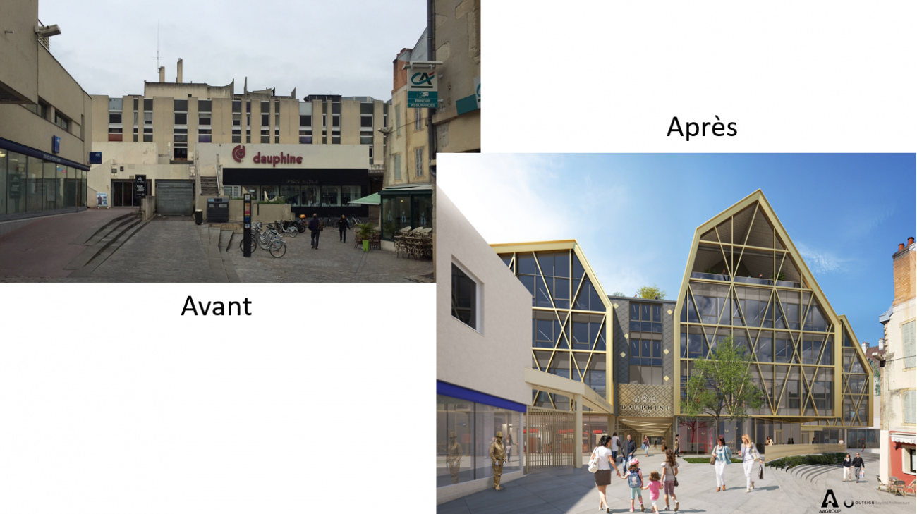 Pyramide Rnovation Extension Rhabilitation remise au programme Dauphine Dijon  Dijon (21000) du promoteur DEMATHIEU BARD IMMOBILIER, avec les agences AAGroup Dijon et OUTSIGN, remise par la Banque Populaire.Au cœur du centre-ville historique de Dijon, ce projet de rnovation-extension dploie 11 400 m en R+4, comprenant commerces, restaurants et bureaux (5 400 m SDP). Les bureaux neufs prennent place au-dessus des commerces et un rooftop est accessible  tous. Livraison effectue au 1ᵉʳ trimestre 2025.