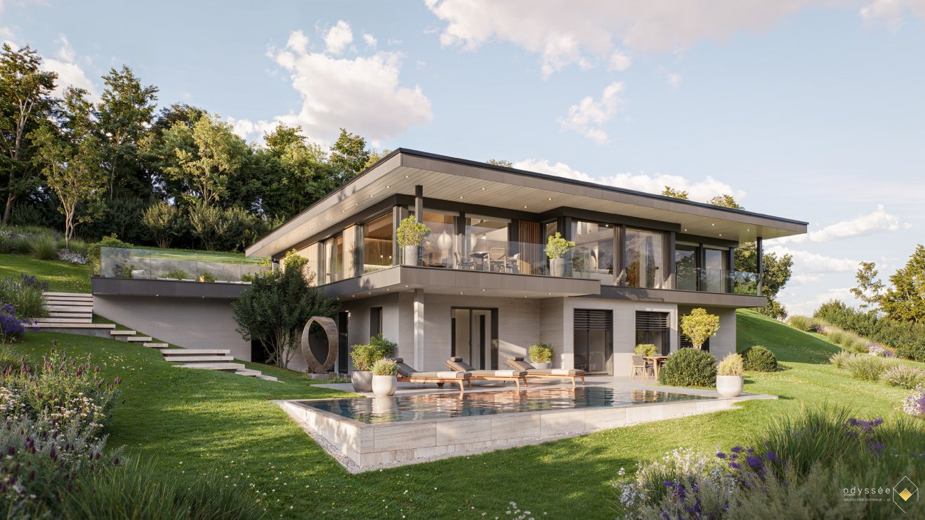 Catgorie Ralisations remarquables Constructeurs – Ancrage territorial 🥇 Mdaille d’Or ex-aequo : Eden Home - L’AncrageEden Home ralise  L’Ancrage , une villa de 329,5 m  Annecy, au prix de 1 650 000 € TTC hors foncier. Conue sur un terrain en forte pente avec vue panoramique sur le lac et les montagnes, elle utilise du bois des Alpes prfabriqu et un socle en bton pour allier technicit, design et durabilit. La villa propose de larges volumes ouverts sur terrasses et piscine, avec une conception bioclimatique pour assurer confort, performance nergtique et intgration harmonieuse au paysage.