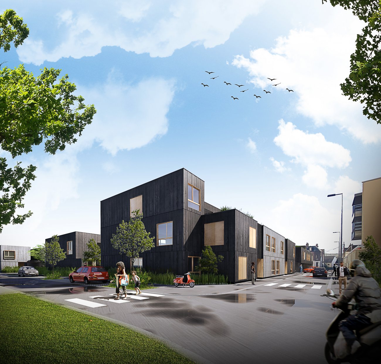 Pyramide Economie circulaire / Ecocycle : Green City à Petit-Quevilly (76) du promoteur Eiffage ImmobilierArchitectes : Lucas Olivier, 2A DesignPrésentation : Green City comprend 21 appartements et 16 maisons modulaires fabriqués à partir de containers maritimes. Cette construction hors-site limite les nuisances et réduit l’impact environnemental. Certifiée E3C2 pour les collectifs et NF Habitat HQE, la résidence illustre l’économie circulaire et l’innovation constructive tout en garantissant rapidité et qualité de chantier.