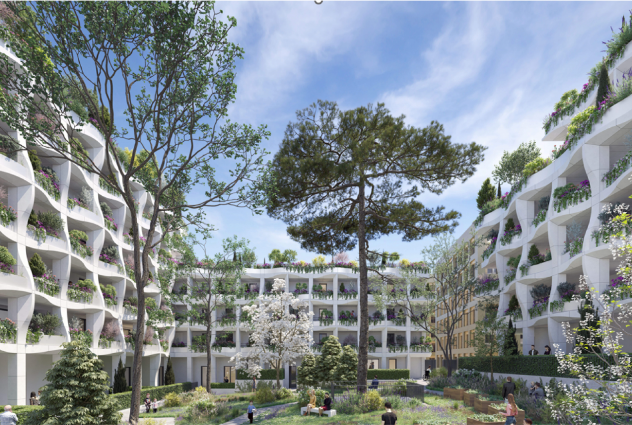 Pyramide de la Qualit globale : Les Jardins Secrets  Montpellier par les promoteurs Vestia et Bouygues ImmobilierLe projet  Les Jardins Secrets , men par Vestia et Bouygues Immobilier et conu par Vincent Callebaut Architectures, se situe dans la ZAC EAI  Montpellier. Ce programme incarne un profond engagement en faveur de la durabilit urbaine, s'intgrant harmonieusement au tissu local grce  une architecture sobre et innovante. Les espaces verts, notamment les jardinires vgtalises et les toits en aquaponie, enrichissent le paysage tout en favorisant la biodiversit. La faade en bton prfabriqu combine lignes modernes et lments naturels, tels que les plantes adaptes au climat mditerranen, amliorant la qualit de l'air et le confort thermique. Ce subtil mariage entre nature et architecture contemporaine tmoigne d'une approche exemplaire de dveloppement urbain durable, contribuant  la fois  l'identit visuelle du quartier et  la prservation de l'environnement local.  Les Jardins Secrets  se positionne ainsi comme un modle de vie communautaire quilibre, alliant modernit et respect cologique.